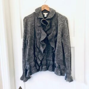 Chicos Womens Gray Ruffle Front Wool Mohair Blend cardigan sz 1 Medium feminine